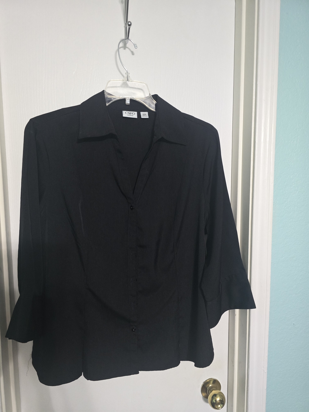 Cato Womens Black Collar Button-Down Shirt with Slit Button Flared S Sleeves